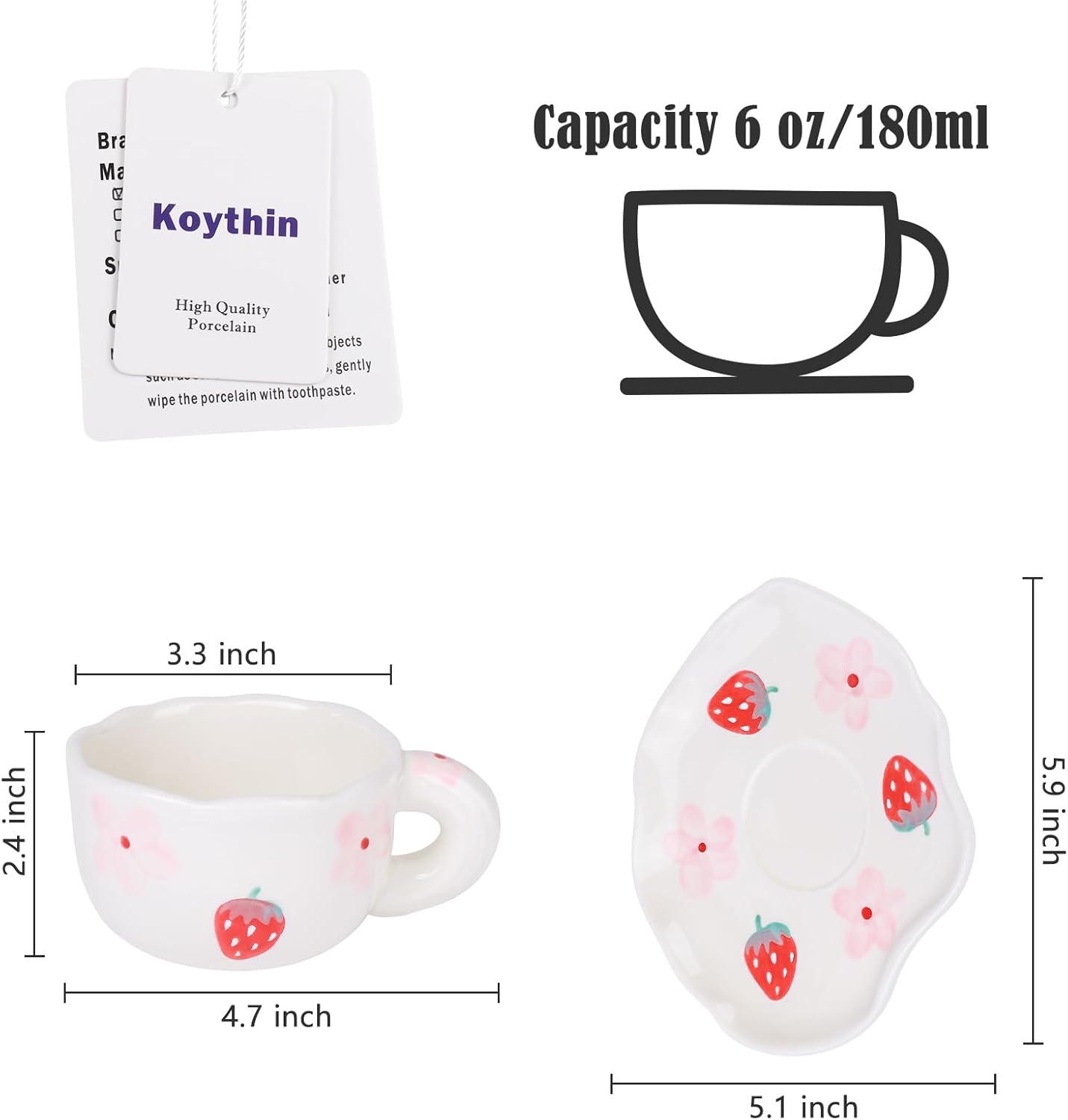 Koythin Ceramic Coffee Mug with Saucer Set, Cute Creative Cup Unique Irregular Saucer Design for Office and Home, 6 oz/180 ml for Latte Tea Milk (Strawberries and Flowers)