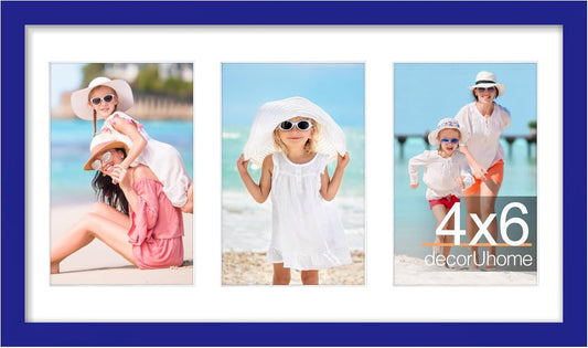 decorUhome 8x14 Picture Frames Collage Wall Decor, Display 3Pcs 4x6 Photos with Mat or 1Pcs 8x14 Unmatted, 3 4x6 Collage Picture Frames for Wall Mounting, Royal Blue