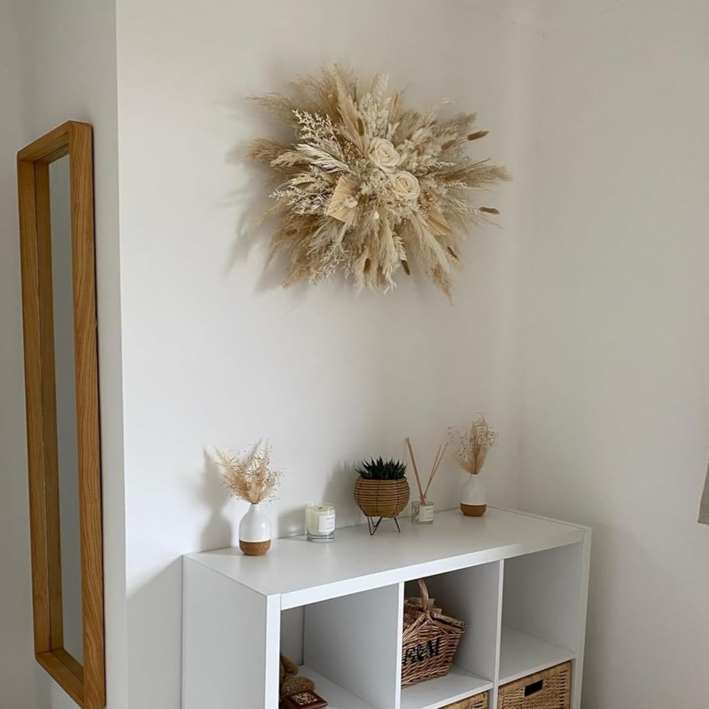 DIY Dried Pampas Wall Decor – Boho Natural Flower Swag with White Roses & Bunny Tails for Wedding Arch or Home Accent(Elegant White Pampas)