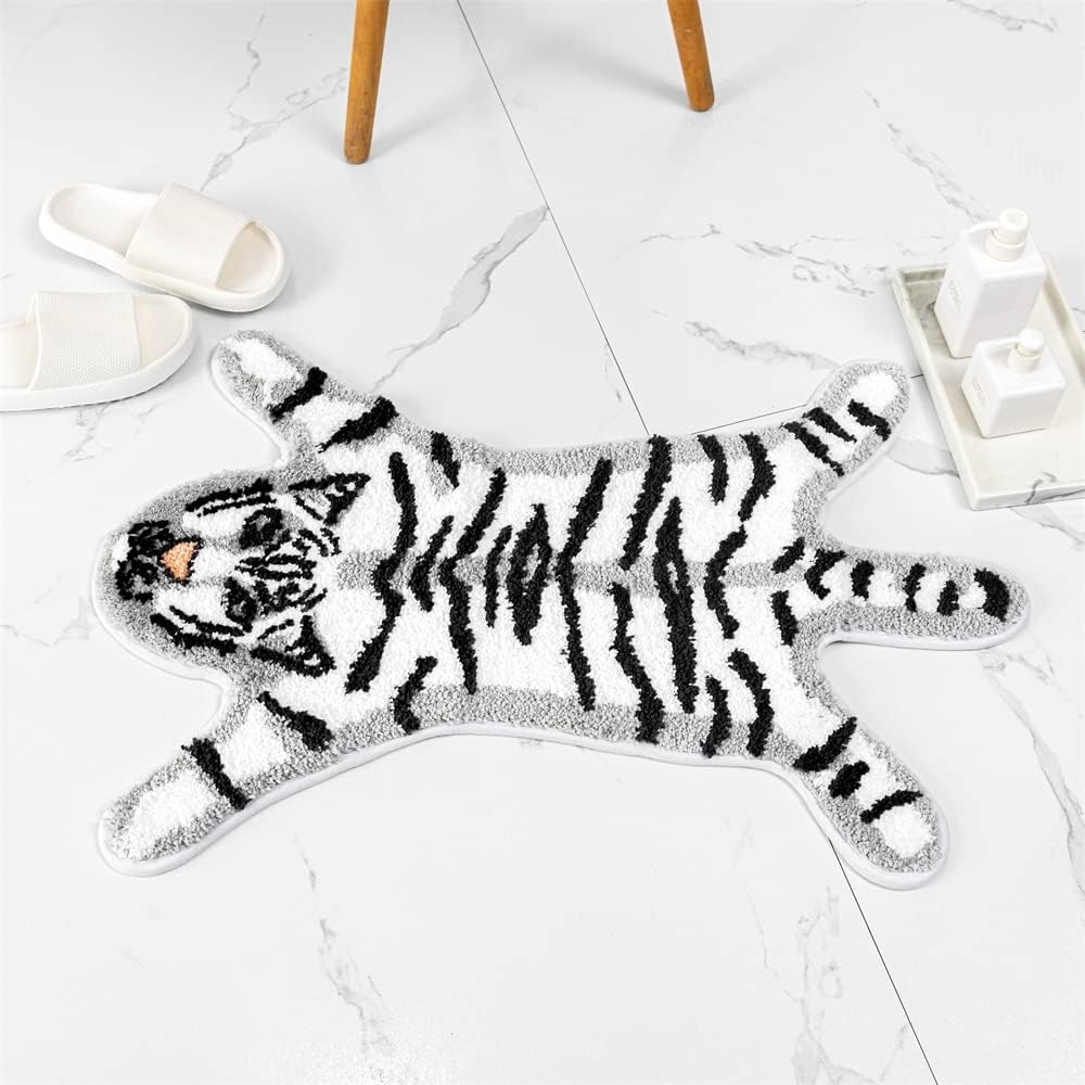 Funny Tiger Bath Mat for Bathroom, Cute White Tiger Cartoon Bath Rugs Non Slip Animal Shaped Absorbent Preppy Small Bathtub Rug Bathroom Decor Aesthetic Plush Shower Rugs Machine Washable