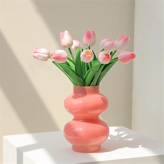 JSPYFITS Glass Hydroponic Flower Vase, Double Balls Colored Glasses Bubble Vase for Flowers, 7 Inches Glass Funky Vases for Home/Office/Weddings/Party Table Décor (Pink)