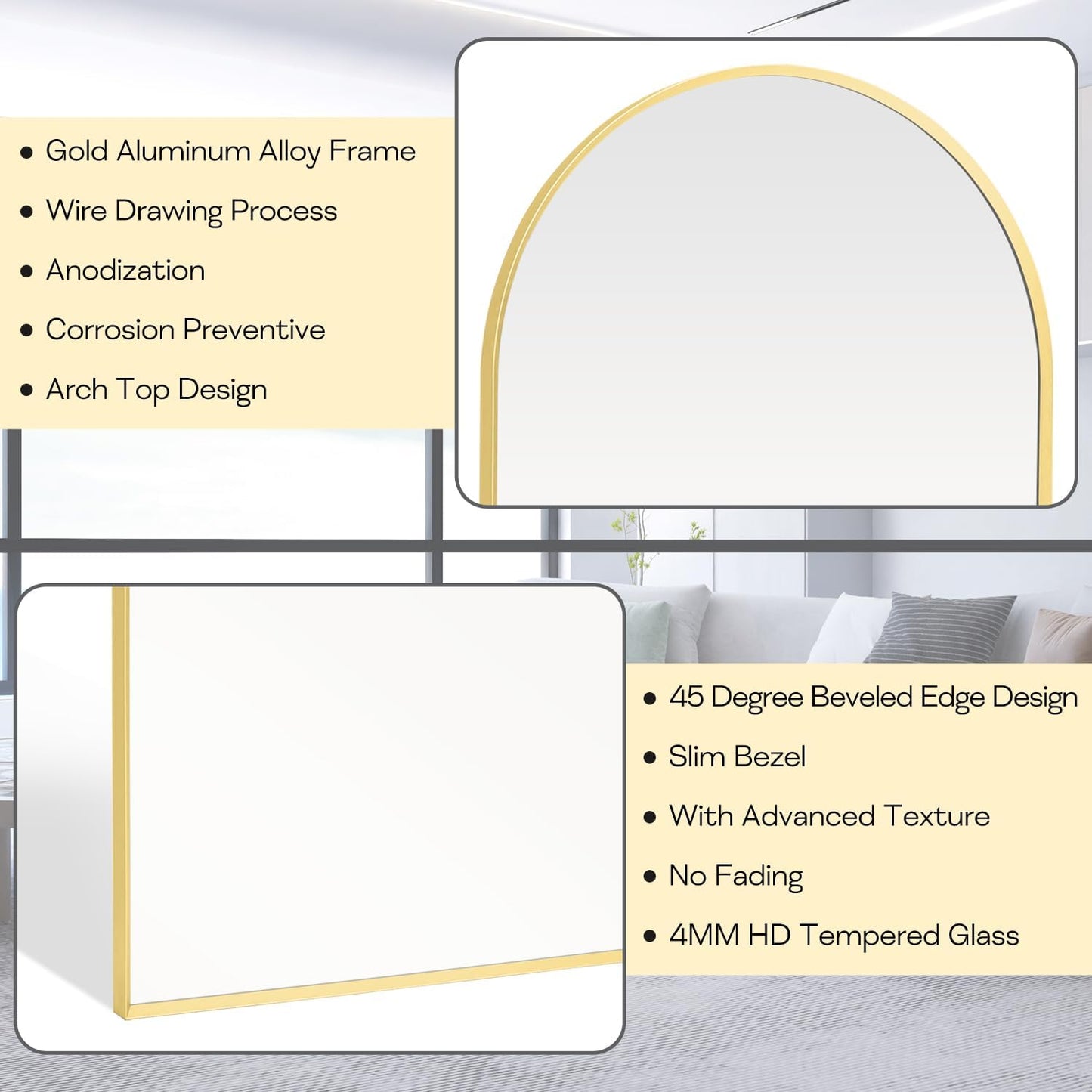 Large Gold Arched Mirror, 30" x 40" Modern Brushed Metal Frame Arch Wall Decorative Mirror, Arched Top Bathroom Vanity Mirror for Living Room Bedroom Hallways Entryway