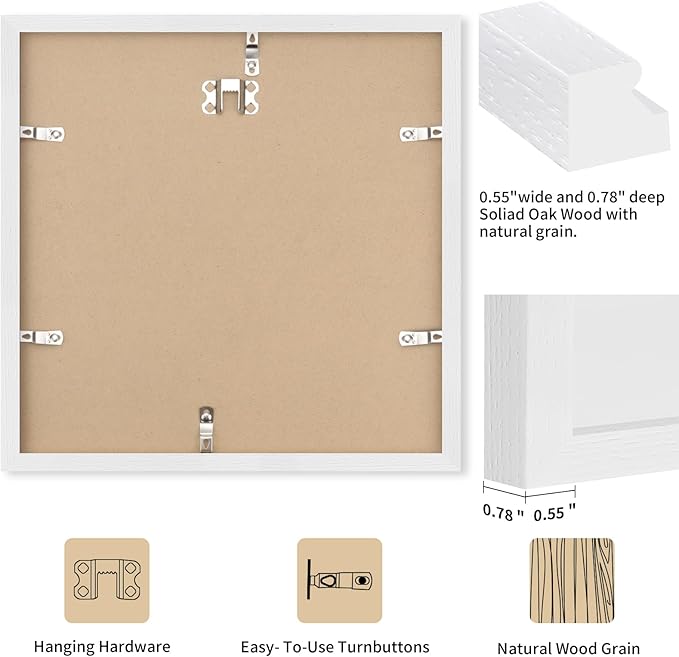 12x12 White Oak Wood Picture Frame - Minimalist 12x12 Poster Frame, 12"x12" Picture Frame Wood, Natural Solid Wooden Picture Frames for Wall Art Photo and Prints (1 Pack, White)