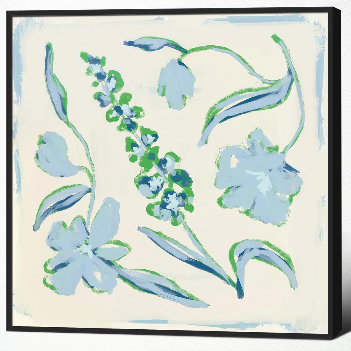 Flower Canvas Wall Art, Blue and Green Floral Aesthetic Poster, Chinoiserie Watercolor Botanical Print, Coastal Grandma Modern Southern Grandmillennial Plant Painting for Wall 12x12in Framed