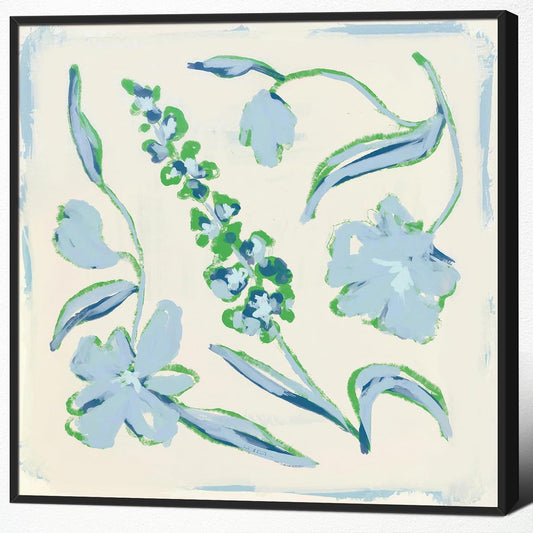 Flower Canvas Wall Art, Blue and Green Floral Aesthetic Poster, Chinoiserie Watercolor Botanical Print, Coastal Grandma Modern Southern Grandmillennial Plant Painting for Wall 12x12in Unframed