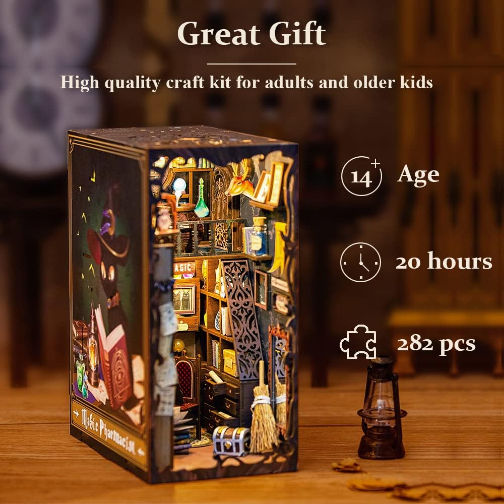CUTEBEE Book Nook Kit - DIY Miniature House Dollhouse Kit for Adults and Teens, 3D Wooden Puzzle Booknook Build Bookshelf Decor, Gifts for Family and Friends (Magic Pharmacist)