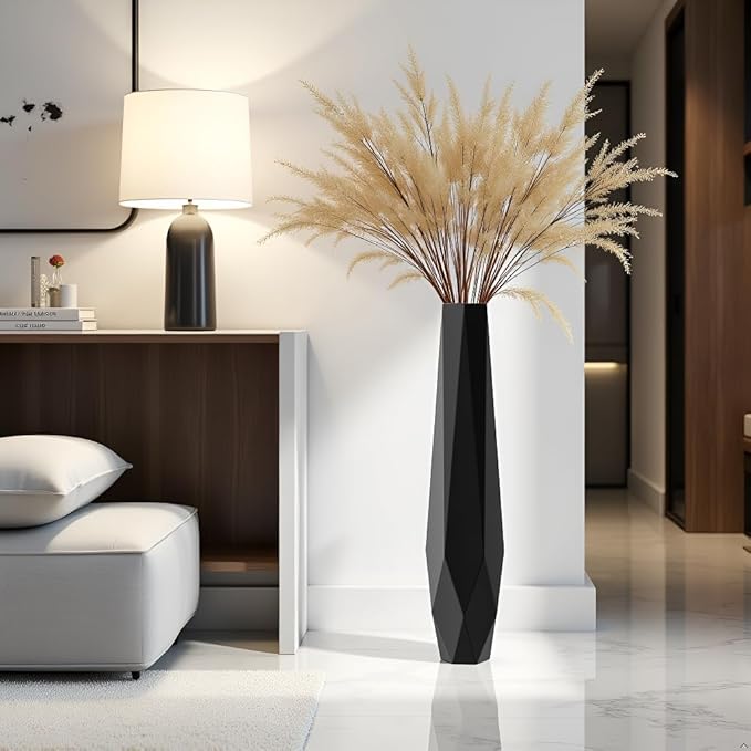 Tall Vases - 27.5" Tall Floor Vase for Home Decor, Resin Floor Vase with Handmade Dimensional Geometric Style, Fits Into Hay/Pampas Grass, Boho Living Room Decor (Black)