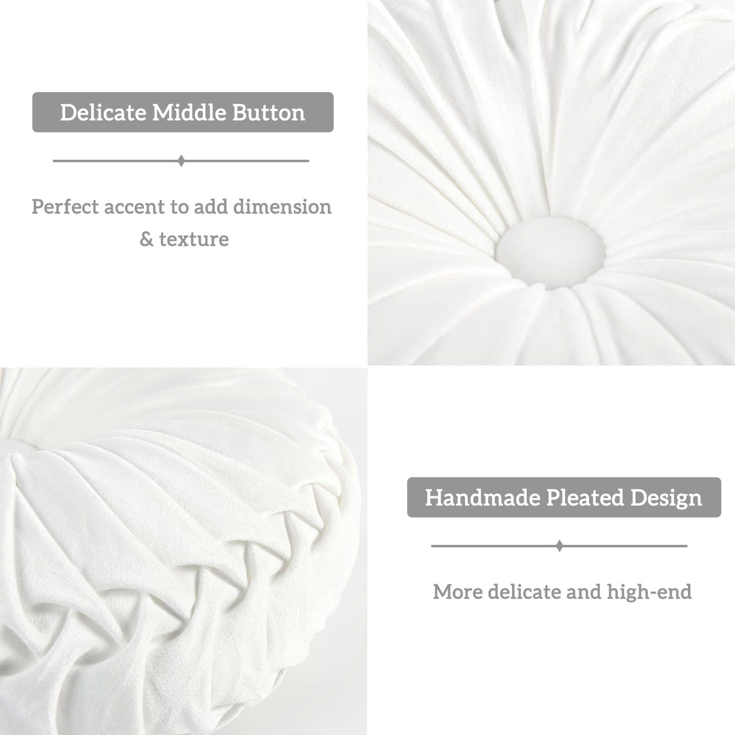 HIG Set of 2 Decorative Round Pleated Throw Pillows, Classy Accent Pumpkin Throw Pillows with Center Button, Vintage Velvet Floor Pillows for Sofa Vanity Chair Bed, White, 14.5" Diameter(Ripple)