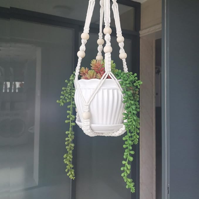 Macrame Plant Hanger 35", No Tassel Hanging Plant Holder, Sturdy Flower Pot Holder with 2 Hooks - Ivory