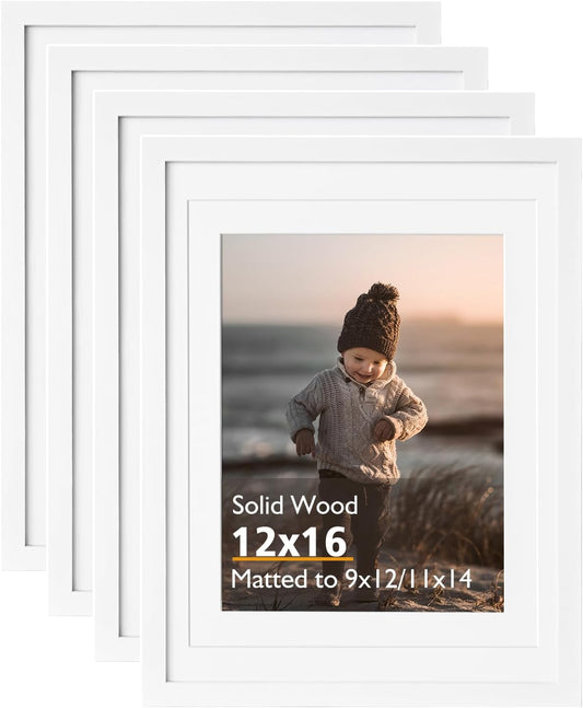 KINLINK 12x16 Picture Frame White - Solid Wood Frames with Acrylic Plexiglass for Pictures 11x14/9x12 with Mat or 12x16 without Mat, Wall Display Photo Frame, Set of 4
