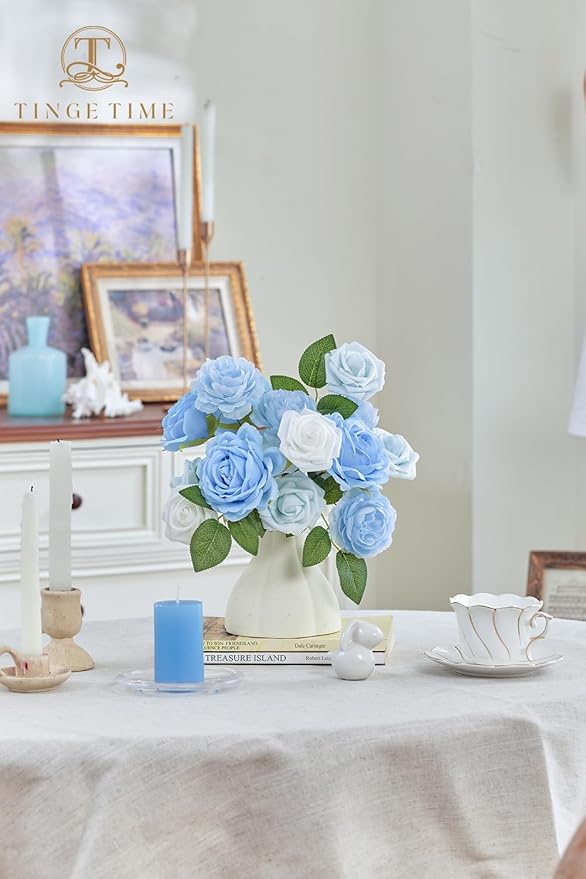 TINGE TIME Light Blue Artificial Flowers Combo Box Set Gradient Color Fake Flower Leaf with Stems for DIY Wedding Bouquets Table Centerpieces Baby Shower Home Party Floral Arrangements Decorations