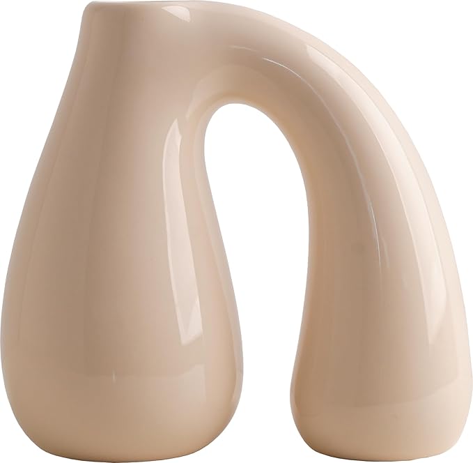 White Ceramic Decorative Pitcher Vase, 7.5 in – Glossy Sculptural Arch-Handle, Modern Home Décor Accent for Fresh or Dried Floral Arrangements, Table/Shelf/Entryway, Giftable