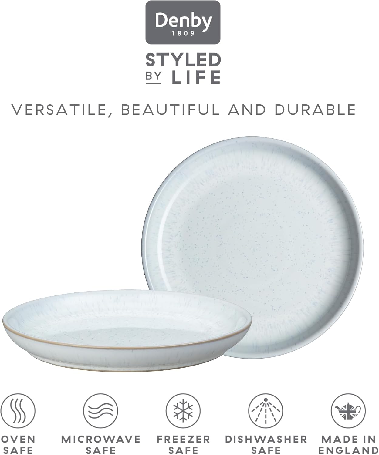 Denby - White Speckle Medium Plates Set of 6 - White Reactive Glaze Neutral Patterned - Dishwasher, Microwave Safe Crockery 8.25" - Ceramic Stoneware Tableware - Chip & Crack Resistant