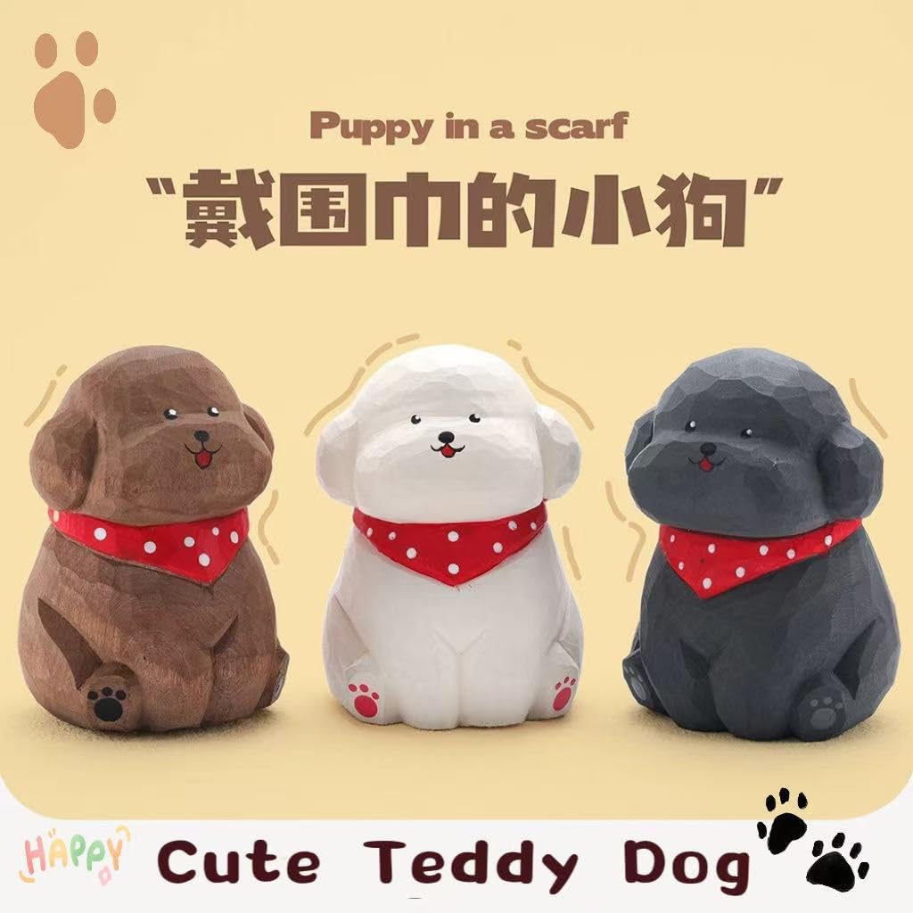 Cute Wood Teddy Dog Figurines, 2.7' Handmade Carved White Teddy Statue with Base, Unique Pet Dog Figure Collectibles Home Decor, Gift for Pet Lover