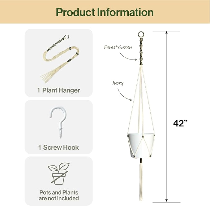 Macrame Plant Hanger Polyester Rope 42 Inch Outdoor Indoor Adjustable Hanging Planter for up to 10 Inch Plant Pot Modern Boho Home Decor (Ivory/Forest Green)