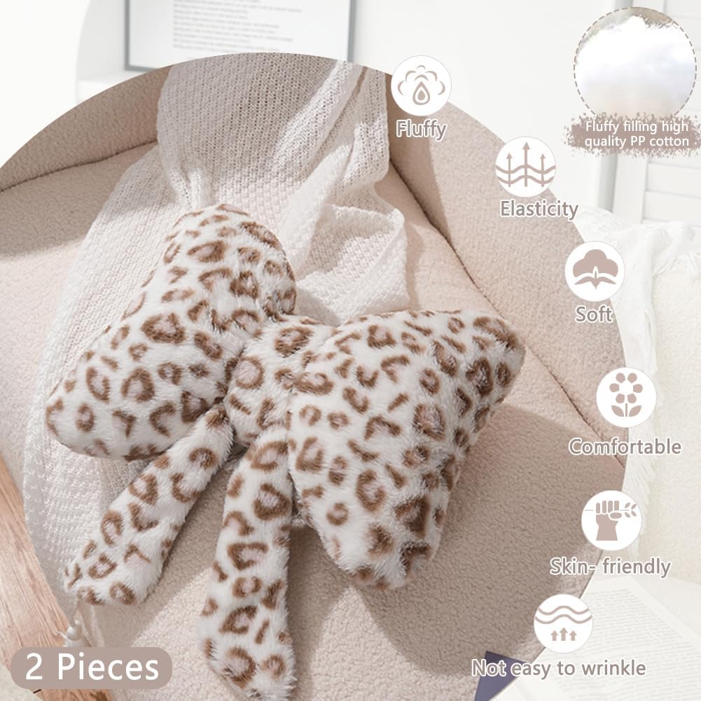 Leopard Print Throw Pillow Furry Bow Plush Pillows Cute Flower Plush Pillow Cheetah Home Decor Stuffed Bow Lumbar Pillow for Bed Couch Living Room Decor (White-A, 16in)