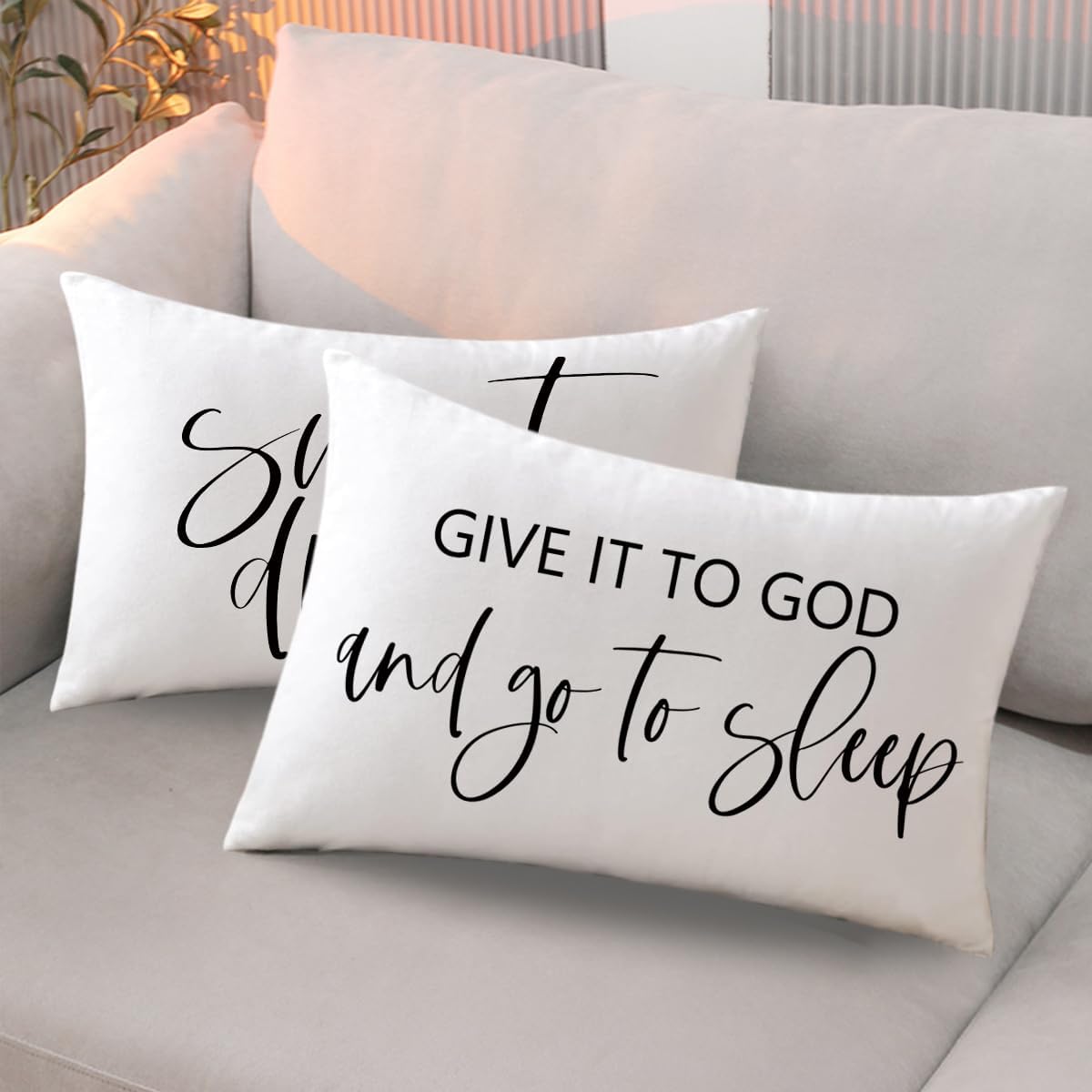 Bedding Decorative Pillowcases Reversible Give It to God and Go to Sleep Cushion Covers Sleep Themed Throw Pillow Covers 12''x20'' for Bedroom Guest Room Housewarming Gifts (White)