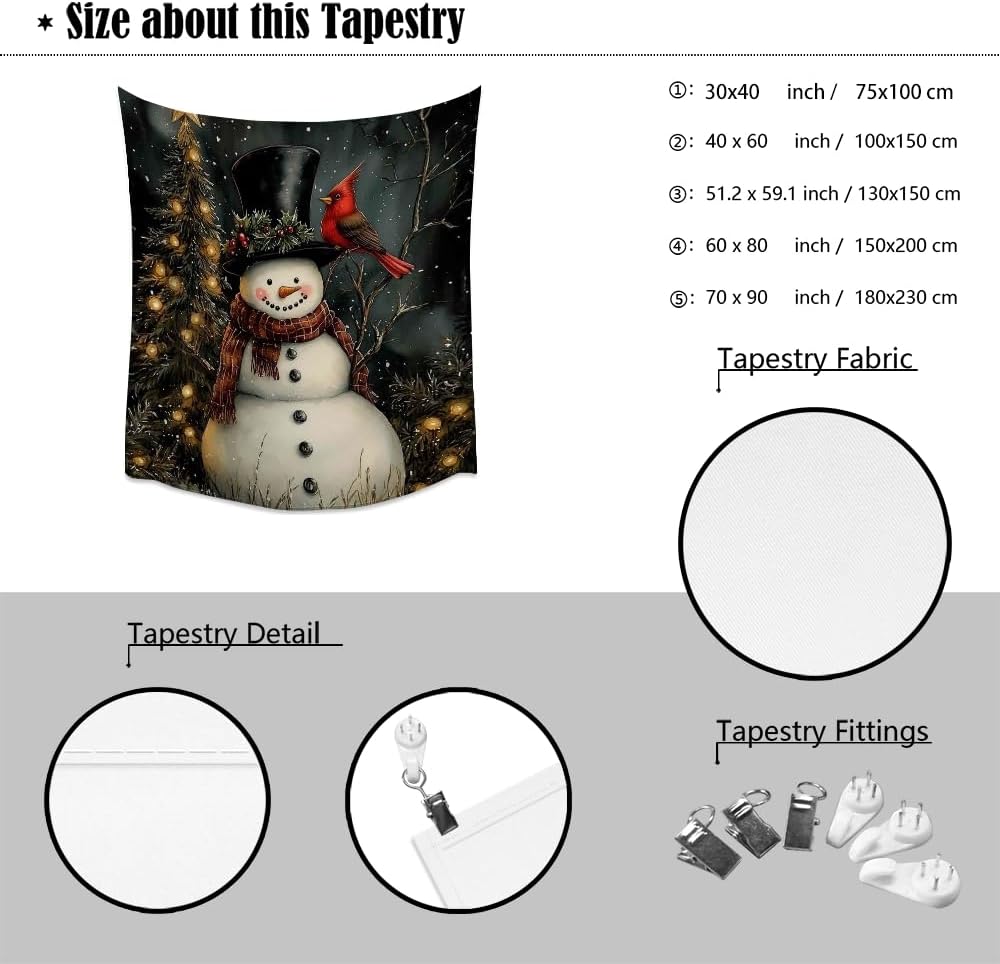 Medpol Christmas Snowman Wall Tapestry Vintage Sparkling Christmas Tree Wall Hanging Winter Cardinal Tapestries for Farmhouse Holiday Decor Apartment Dorm Aesthetic 40x60inch