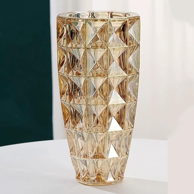 Unique Diamond-Shaped Amber Color Glass Flower Vase 11.8" Tall for Home Decor, Dining Wedding Table Office Holiday Party Centerpiece Decoration.