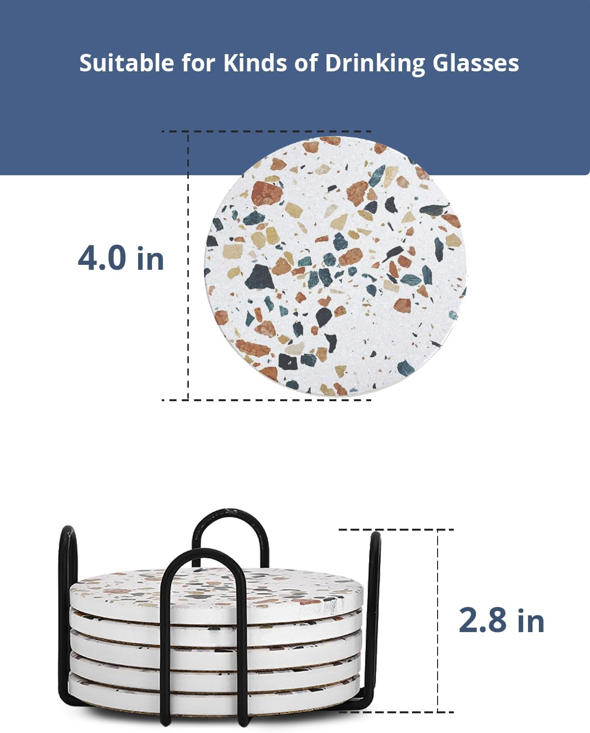 LIFVER Absorbent Drink Coasters with Holder, Set of 6 Ceramic Coasters Set with Cork Base, for Kinds of Drinking Glasses, 4 Inches Stone Coasters for Home Decor, White Elephant Gifts for Adults