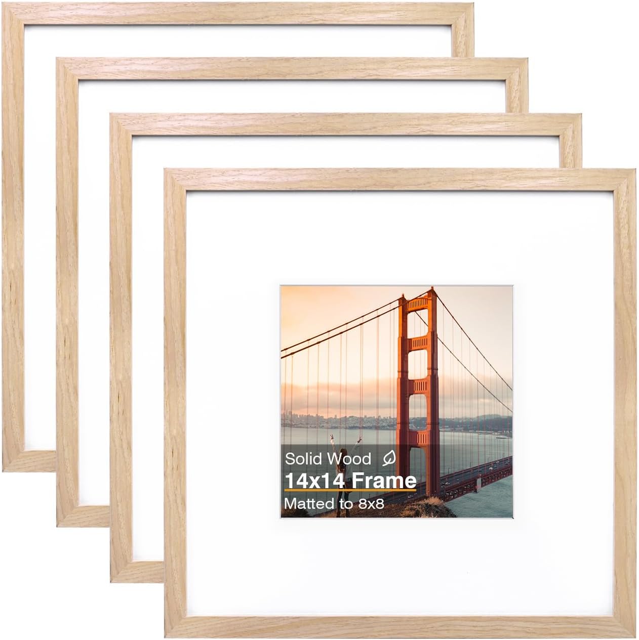 KINLINK 14x14 Picture Frame, Natural Square Solid Wood Frames for Pictures 8x8 with Mat or 14x14 without Mat, Wall Display Photo Frames Natural 4 Pack