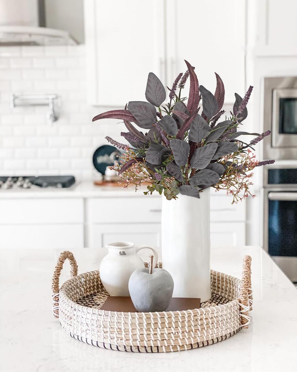 Fall Artificial Eucalyptus Bouquet with Purple Sage Leaves – Autumn Faux Greenery Bush with Raffia Wrap for Farmhouse, Kitchen, Table, and Seasonal Home Décor
