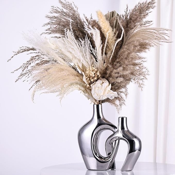 Silver Hollow Ceramic Vases Set of 2 - Modern Nordic Boho ins Style Vases for Decor, Decorative Pampas Grass Flower Vases for Wedding, Living Room, Office, Entrance, Dining Table Decor Centerpieces
