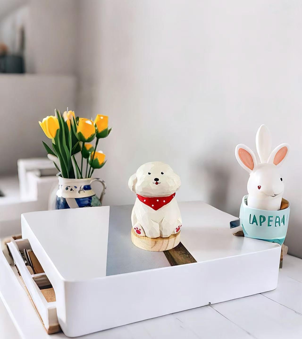 Cute Wood Teddy Dog Figurines, 2.7' Handmade Carved White Teddy Statue with Base, Unique Pet Dog Figure Collectibles Home Decor, Gift for Pet Lover