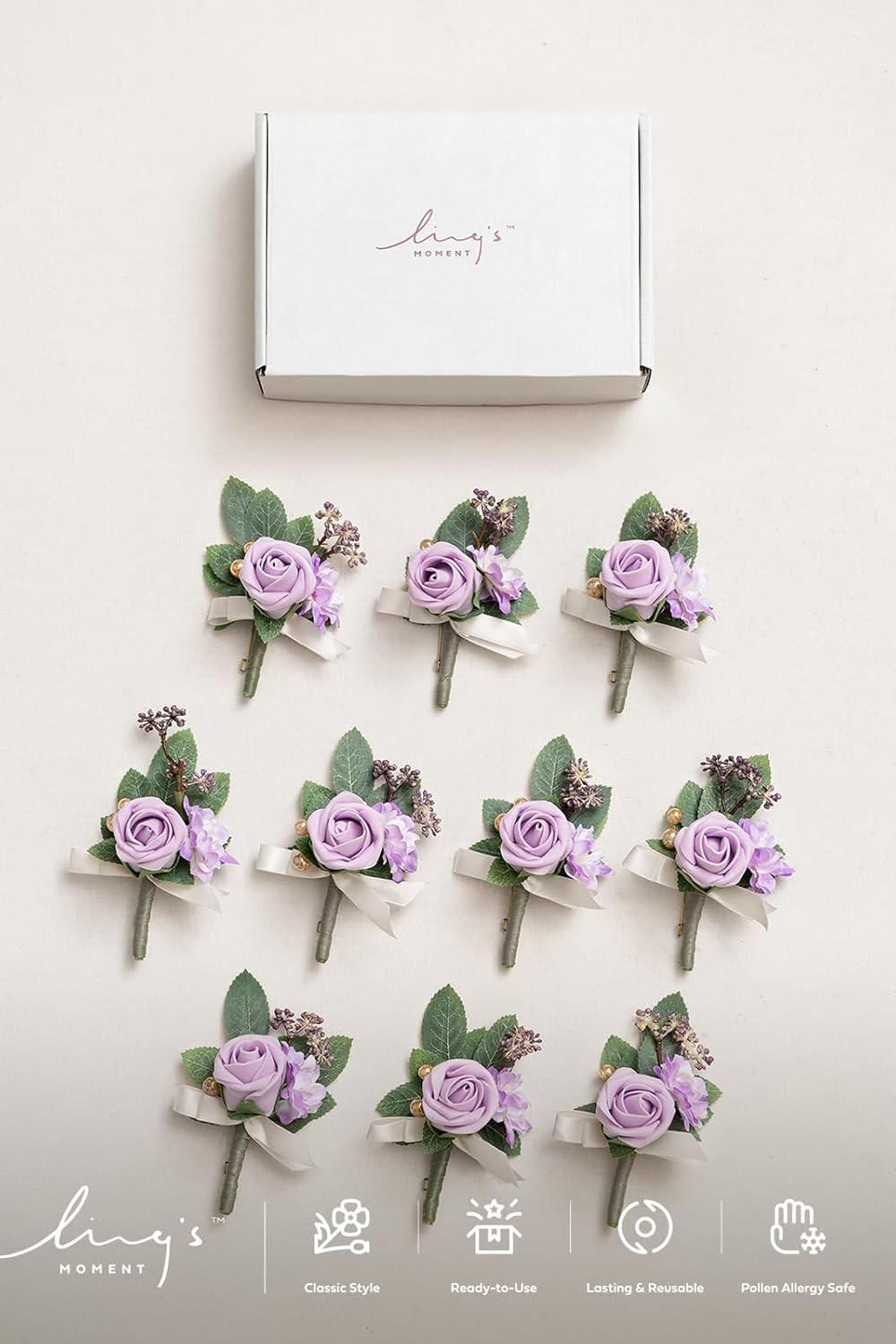 Ling's Moment Boutonniere for Men, 10pcs Groomsmen Guest Boutonniere, Artificial Flowers for Wedding Décor/Prom/Homecoming,etc.Purple Lilac