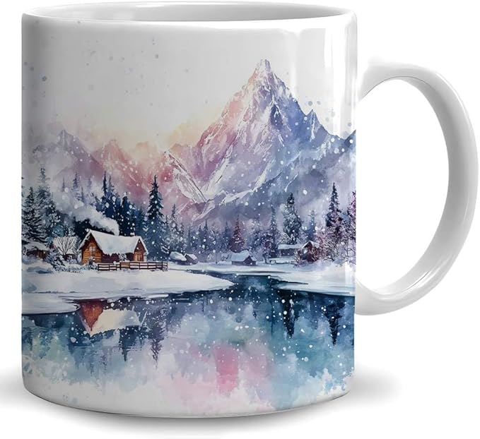 Winter Mountain Coffee Mug - Mountain Lover Mugs Gifts for Women Men - Birthday, Christmas Gift for Friend Mom Dad Wife Husband - Watercolor Printed 11oz Ceramic Mug