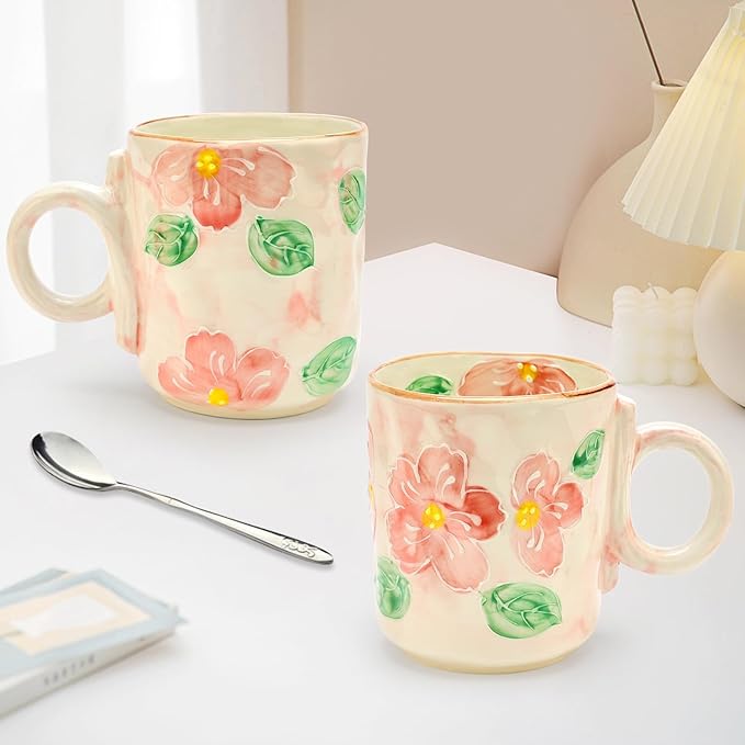 3D Cute Ceramic Coffee Mug Gifts for Women Her Grandma Mom Mugs Pretty Japanese Tea Cup Pink Porcelain Floral Mug Valentine Mothers Day Gift Ladies Female Christmas Gift Flower Teacup Lover Girly Mugs