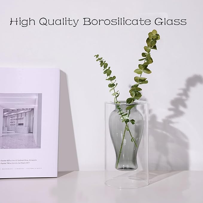 ZENS Unique Smokey Small Flower Vase, Modern Floating Decorative Vase, Double Hollow Cool Glass Hand Blown Bud Vase for Home Small Bouquet, Wedding Centerpieces