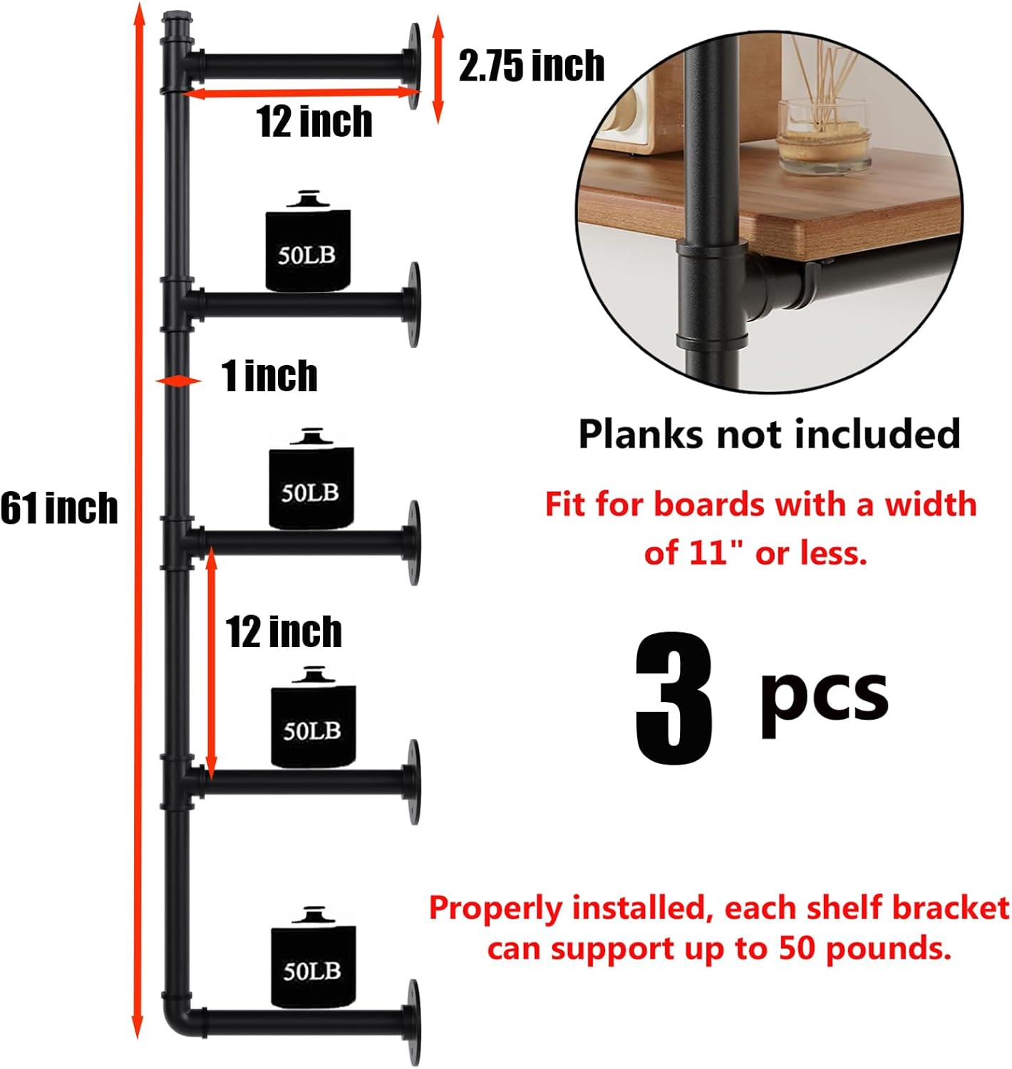 Industrial Pipe Shelf Brackets Wall Mount, Open Black Pipe Shelving for Kitchen,Floating Shelf Brackets Mount,Open Bookshelf Brackets for Shelves,Wall Shelves 12 Inch Deep,(2PcsX3Tier,61" Tall)