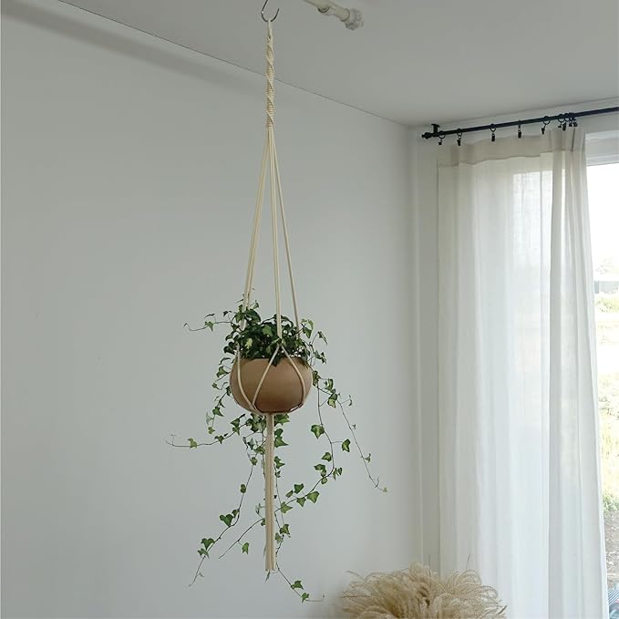 Macrame Plant Hanger Polyester Rope 42 Inch Outdoor Indoor Adjustable Hanging Planter for up to 10 Inch Plant Pot Modern Boho Home Decor (1, Ivory/Light Gold)