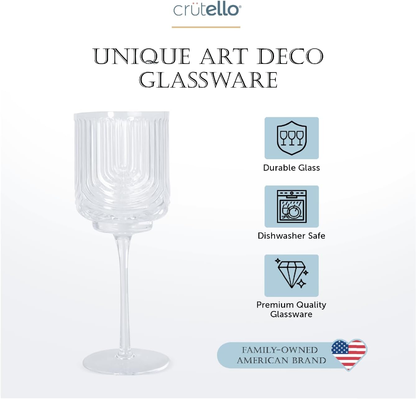 Crutello Vintage Wine Glasses Set of 4-14 oz Glass Sets - Fancy Unique Art Deco Glassware - Long Stemmed Fun Drinking Glasses for Red and White Wine, Cute Cocktail, or Fun Mocktails