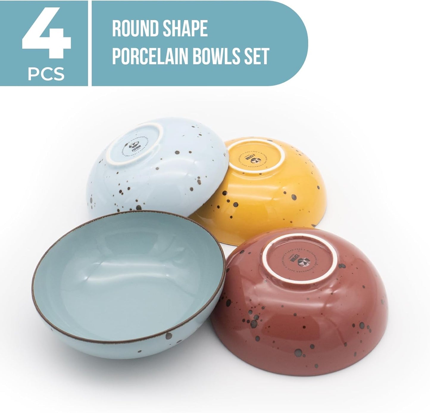 Esfour Round Porcelain Bowls - 20 Ounce - Set of 4 - Microwave, Oven, Dishwasher-Safe, Scratch Resistant, Porcelain Durable Small Dishes Bowls for Cereal, Salad, Pasta, Soup, Dessert - Assorted Vivid