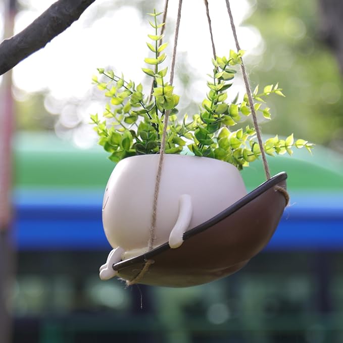 bestbear Hanging Swing Chair Planter Pot Resin Smiley Face Planter for Indoor Outdoor Plant Cute Head Flower Pots for String of Pearls Plant Live Unique IdeaI for Mother Day, Christmas (Large)