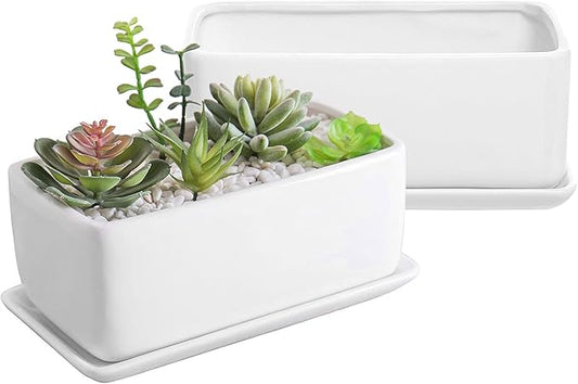 MyGift 10 Inch Modern Unglazed White Ceramic Indoor Plant Pot with Drainage Hole, Rectangular Succulent Planter Window Box with Removable Saucer, 2 Pack