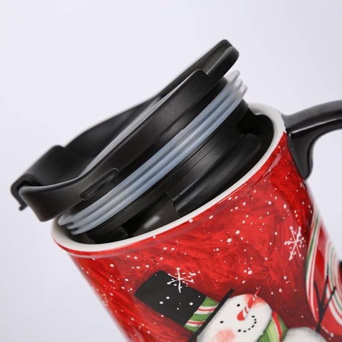 Topadorn Coffee Ceramic Mug Porcelain Latte Tea Cup With Lid in Gift Box 17oz., Santa Snowman