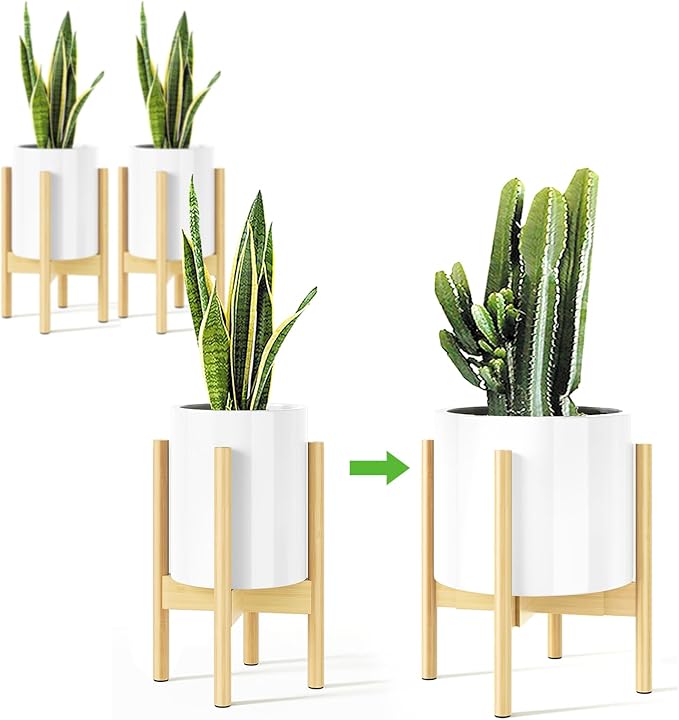 MUDEELA 2 Pack 14.5 Inch Tall Plant Stand for Indoor, Adjustable Width Bamboo Plant Stand for 8 9 10 11 12 Inches Pot, Single Tier Mid Century Modern Planter Holder Floor Stand, Natural, Without Pot