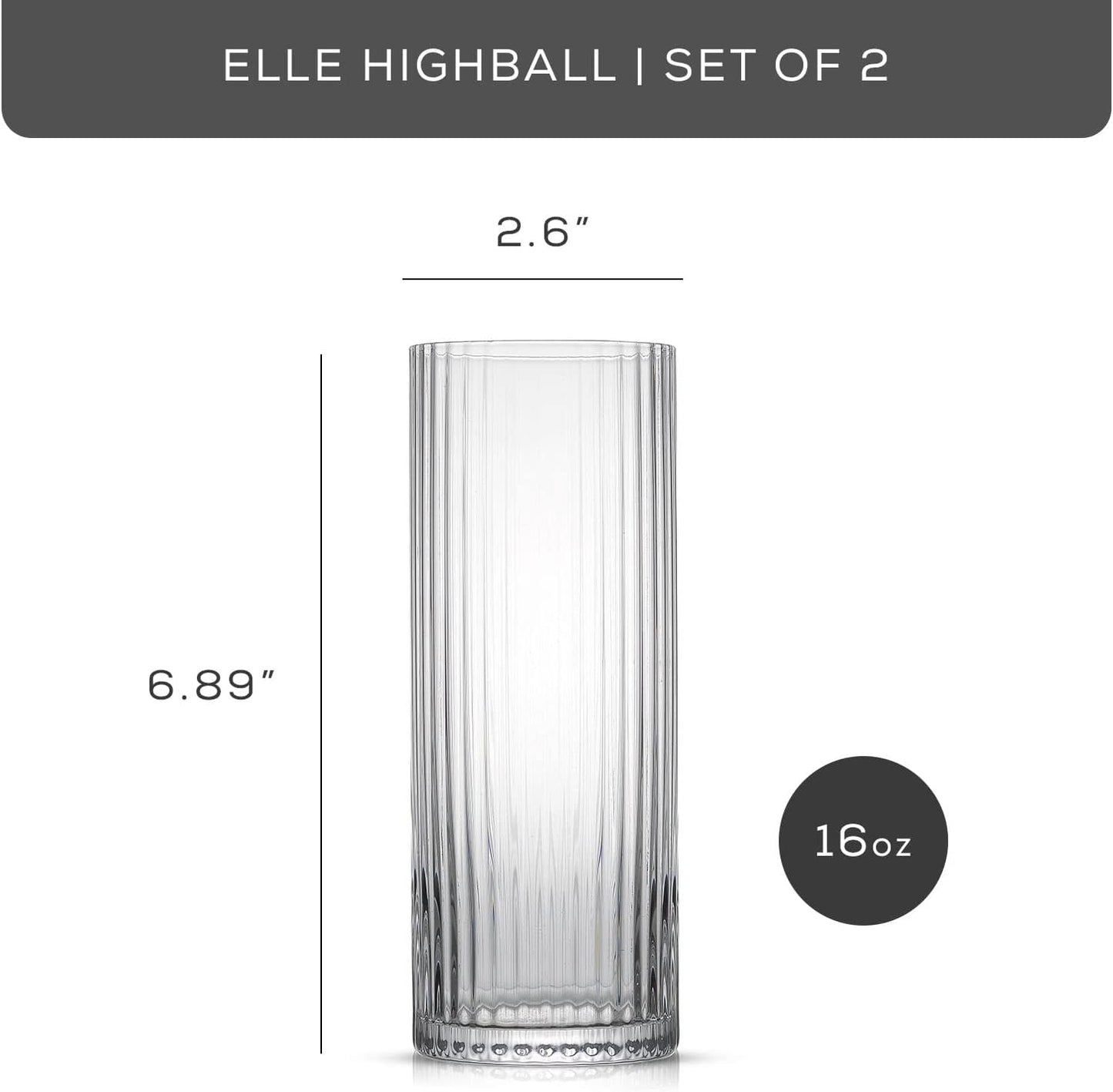JoyJolt Elle 16oz Fluted Highball Glasses Set of 2, Ribbed Tall Cocktail Tumblers for Gin Juice Water, Vintage Style Drinking Glasses