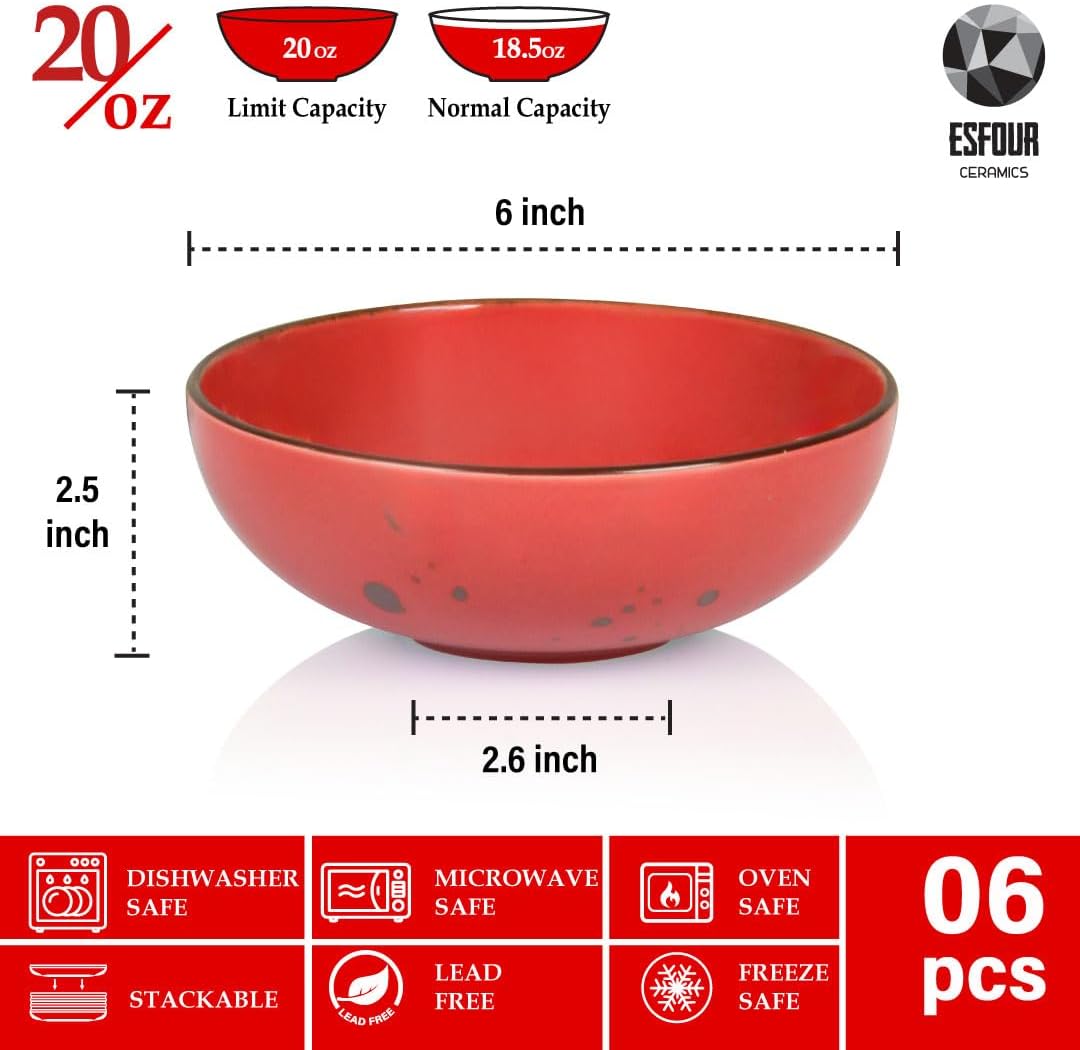 Esfour Round Porcelain Bowls - 20 Ounce - Set of 6 - Microwave, Oven, Dishwasher-Safe, Scratch Resistant, Porcelain Durable Small Dishes Bowls for Cereal, Salad, Pasta, Soup Dessert - Assorted Vivid