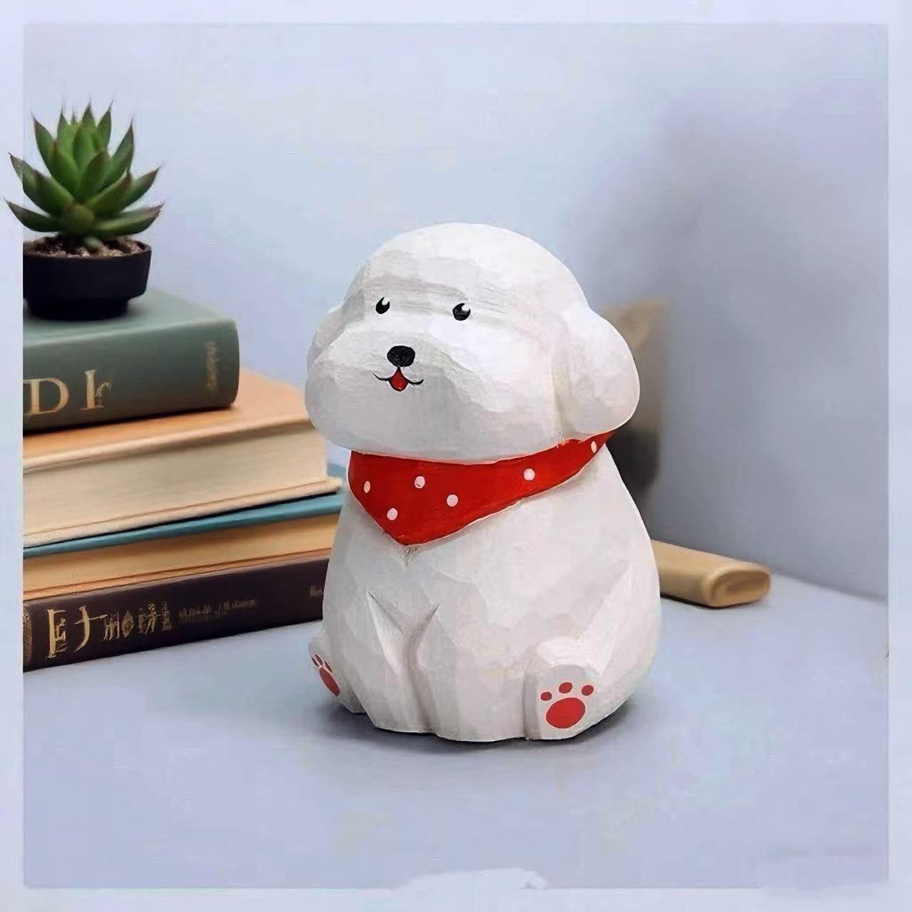 Cute Wood Teddy Dog Figurines, 2.7' Handmade Carved White Teddy Statue with Base, Unique Pet Dog Figure Collectibles Home Decor, Gift for Pet Lover