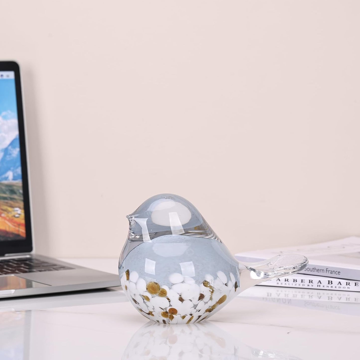 DOVDOV Hand Blown Glass Bird Statue Home Decor, Small Blue Glass Art Bird Sculpture for Office Desktop on Dresser entryway Decorative Ornament and Paperweight.