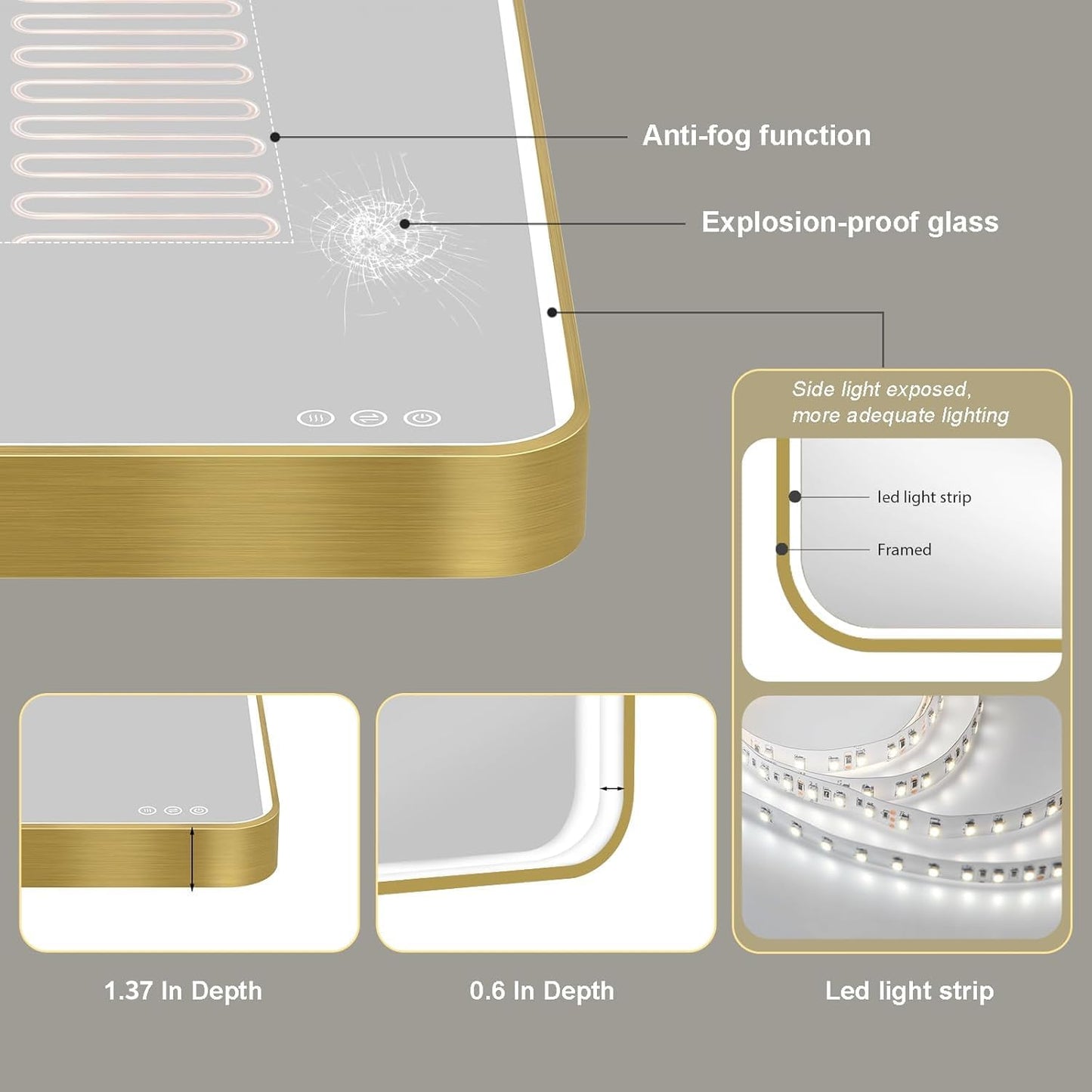 LED Mirror for Bathroom 24X36 Inch Gold Framed with Anti-Fog, Stepless Dimmable, Front Lit, LED Bathroom Vanity Mirror for Wall, Memory Function, Shatter-Proof