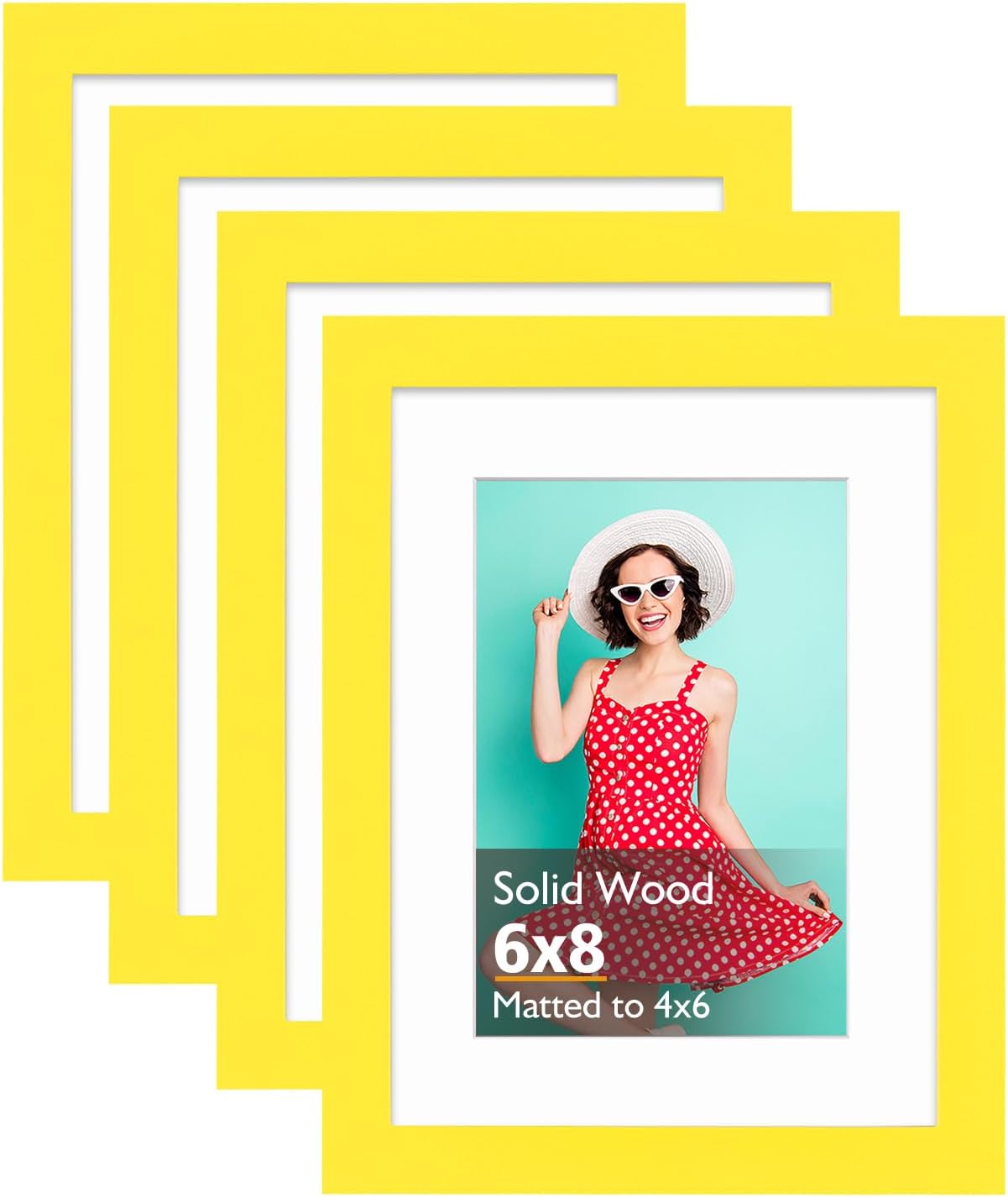 KINLINK 6x8 Picture Frames Yellow, Solid Wood Frames with Acrylic Plexiglass for Pictures 4x6 with Mat or 6x8 without Mat, Tabletop and Wall Display Photo Frame, Set of 4