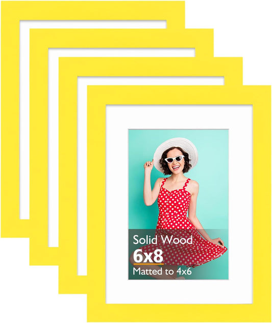 KINLINK 6x8 Picture Frames Yellow, Solid Wood Frames with Acrylic Plexiglass for Pictures 4x6 with Mat or 6x8 without Mat, Tabletop and Wall Display Photo Frame, Set of 4