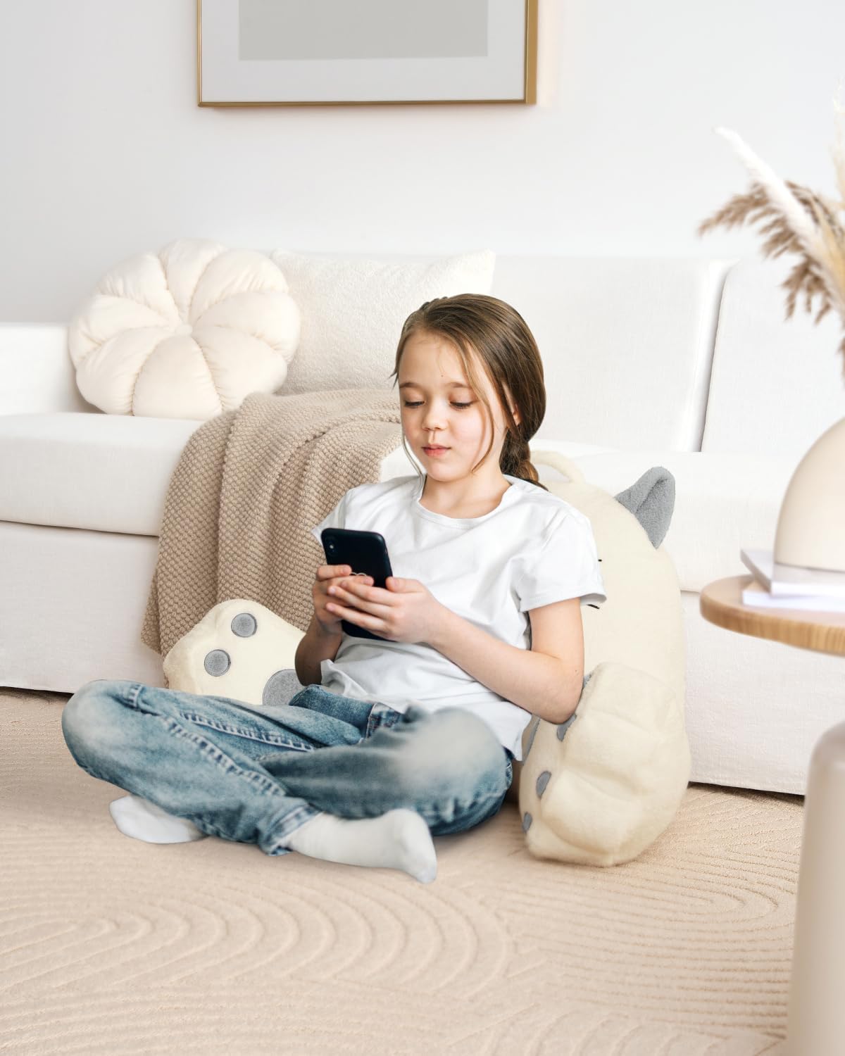 Blissful Diary Kitty Reading Pillow for Kids/Teens/Adults, Back Pillow for Sitting Up in Bed with Shredded Memory Foam, Bed Rest Pillow with Arms, Back Support Pillow with Washable Cover (Off White)