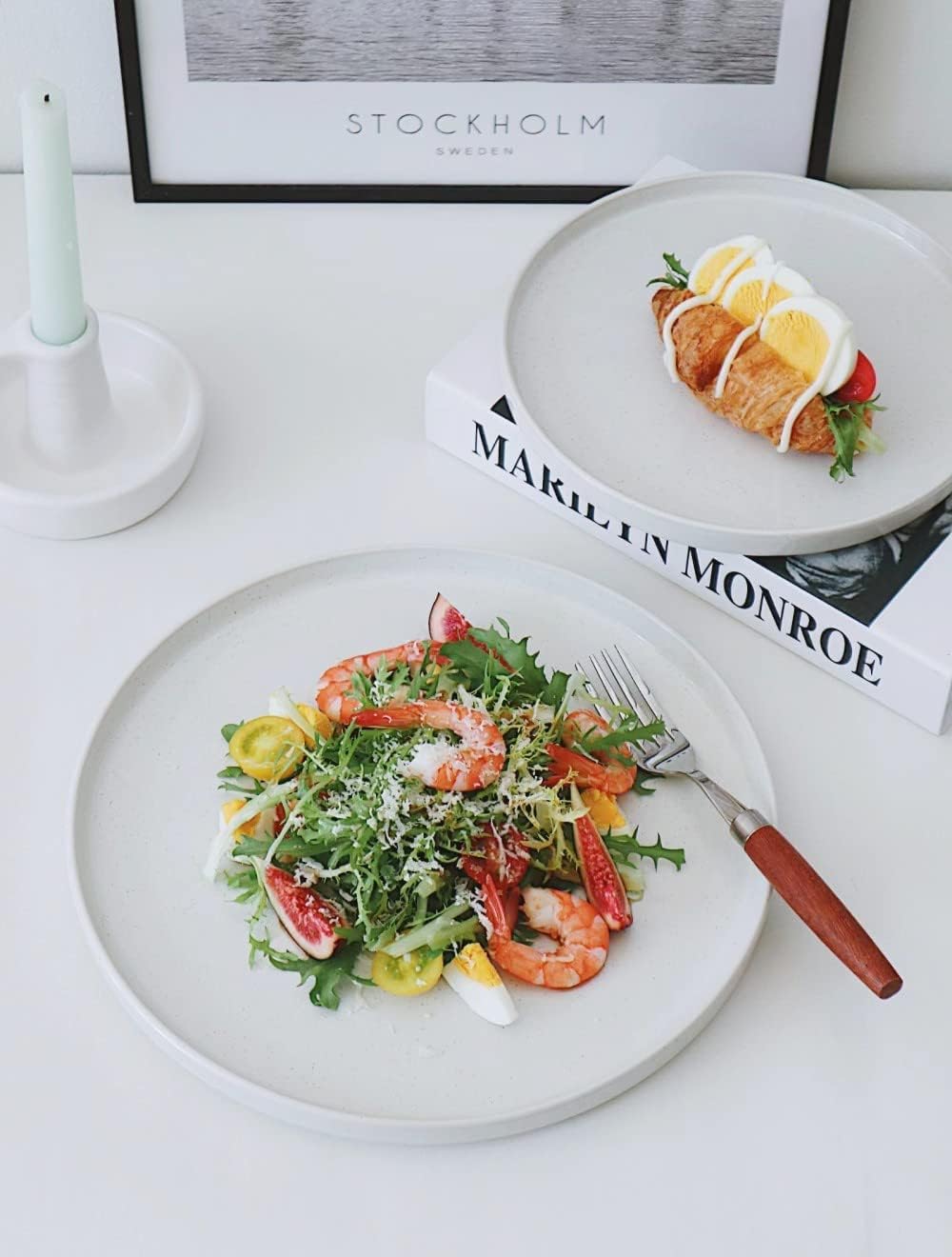 famiware Nebula 6 Pieces Salad Plates Set, 8 inch Dessert Plates, Scratch Resistant, Stoneware Dinnerware, Kitchen Modern Rustic Serving Dishes, White with Speckled