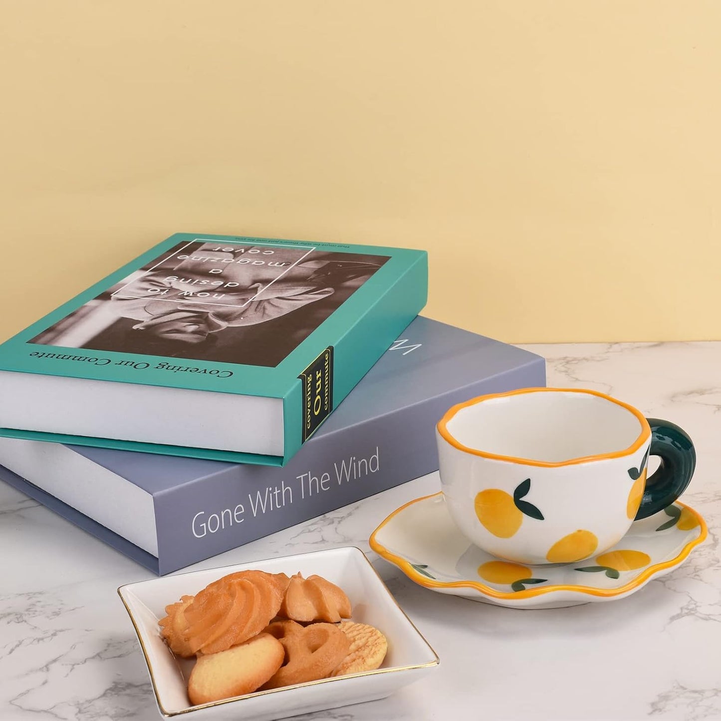 Koythin Ceramic Coffee Mug with Saucer Set, Cute Creative Cup Unique Irregular Saucer Design for Office and Home, Dishwasher and Microwave Safe, 6 oz/180 ml for Latte Tea Milk (Fresh Orange)